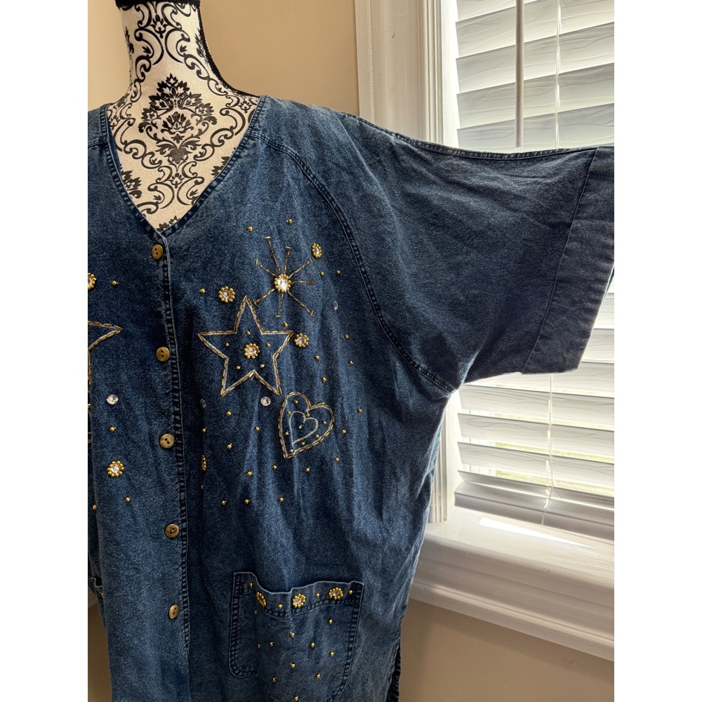 Club Z Vintage Acid Wash Denim Tunic Top Embroidered Stars Rhinestone Plus 26-28